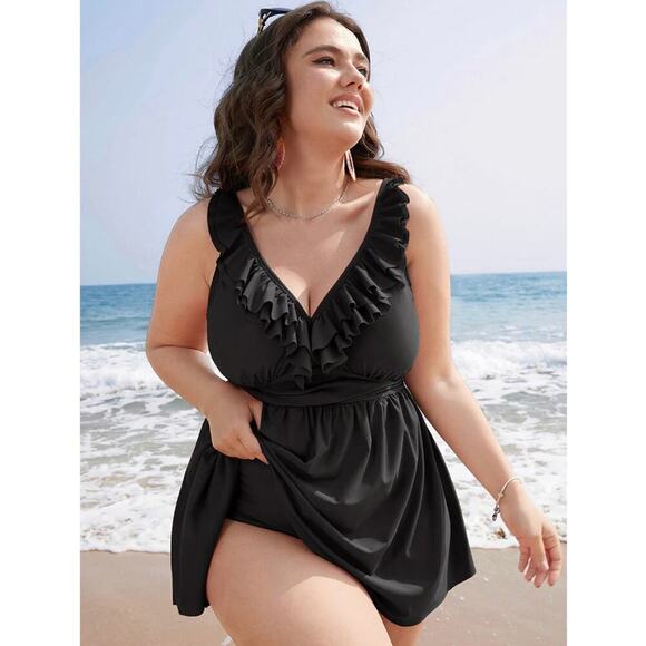 Bloomchic 18-20 Ruffle Trim Adjustable Straps Gathered Waist Swim Dress Black - Picture 2 of 8
